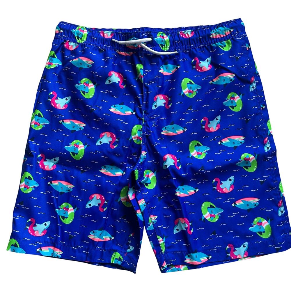 5/$25 Lands' End Boys Electric Blue Sharks Drawstring Swim Trunks XL 14 16 WNOT